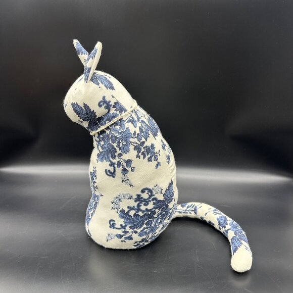 Handmade Stuffed Cat Blue White Floral Fabric Kitty Decorative Retro Flowers - Picture 3 of 8